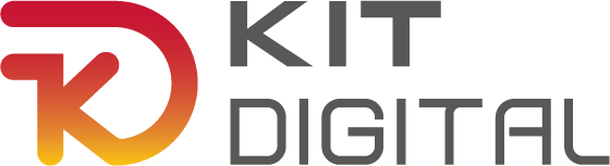 Logotipo de Kit Digital, que combina un diseño moderno con colores rojo, naranja y gris, representando soluciones digitales innovadoras para empresas.